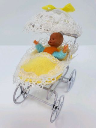 Vtg.  Caco Baby Doll Dollhouse Miniature 1:12 W.  Germany Baby In Metal Stroller