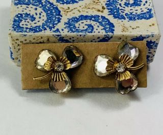 Vintage Clip On Earrings Faux Jewel & Gold Tone Metal Flower Petal Shamrock