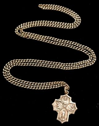 Vintage Catholic 4 Way Pendant On Stainless Chain Necklace Made In France