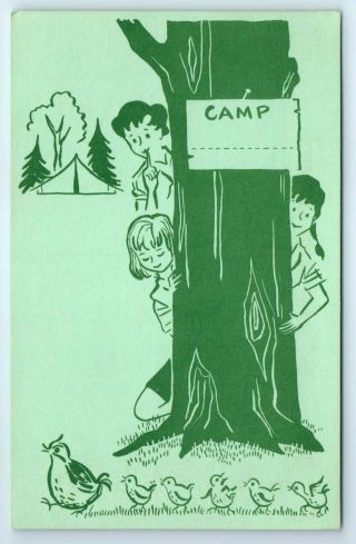 Vintage Comic Postcard Girl Scout Camp Sign On Tree