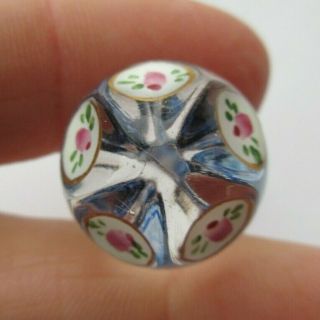 Flawless Antique Vtg Clear Glass Button W/ Painted Enamel Pink Roses 3/4 " (l)