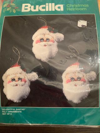 Vintage Bucilla Delightful Santa’s Heads Christmas Ornaments Kit 82438 1980’s