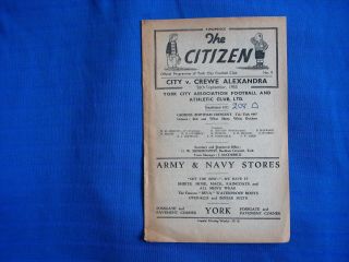 York City V Crewe Alexandra Vintage 1953 Football Programme