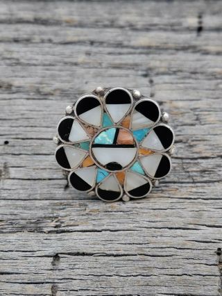 Vintage Zuni Sterling Silver Turquoise Mother Of Pearl Coral Onyx Flower Ring