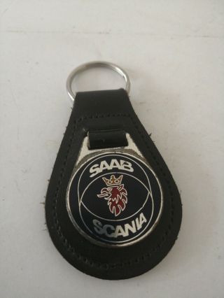 Vintage Saab Scania Enamel & Leather Keyring Key Fob