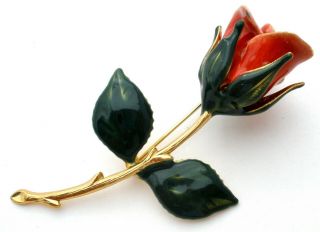 Vintage Red & Green Enamel Rose Brooch Flower Gold Pin Long Stem Floral Jewelry