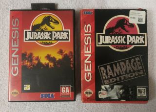 Sega Genesis Jurassic Park & Jurass Park Rampage Edition Video Games Cib Vintage