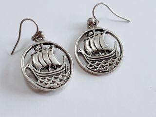 Vintage Sterling Silver Viking Celtic Boat Earrings