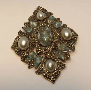 Vintage Sarah Coventry Brooch Pin Statement Turquoise Goldtone And Faux Pearl