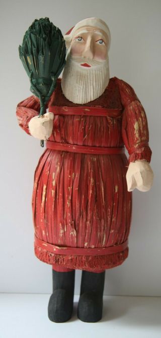 Vintage Carved Wood Folk Art Handmade Santa Corn Husk Standing Figurine
