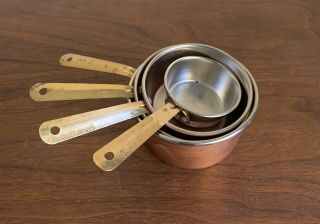 Vintage Copper Measuring Cups,  Set Of 4,  Brass Handle Farmhouse Kitchen Decor