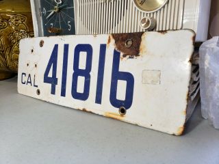Vintage 1918 Porcelain California License Plate - Cal Ca White W/ Blue Letters