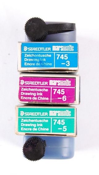 3 X Vintage Staedtler Marsmatic 745,  - 3,  - 5,  - 6 Green Blue Pink Drawing Ink 23ml