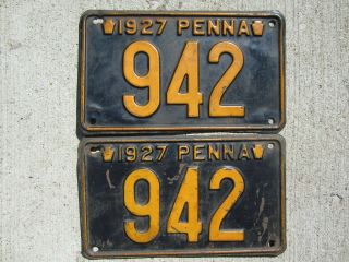 Pennsylvania 1927 License Plates Low 3 - Digit Number 942