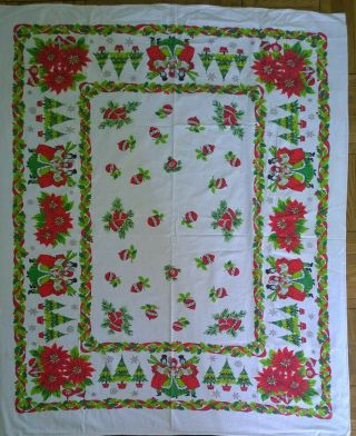 Vtg Christmas Tablecloth Carolers Poinsettias Bells 60” X 48