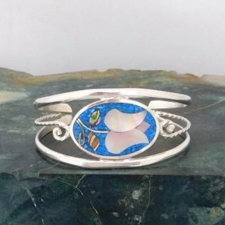 Mexican Cuff Bracelet Kids Alpaca Silver Blue Vintage Abalone Inlay 5 - 5/8 " H15