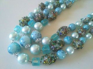 True Vintage 1950s Blue Glass,  China & Plastic 3 - Row Necklace