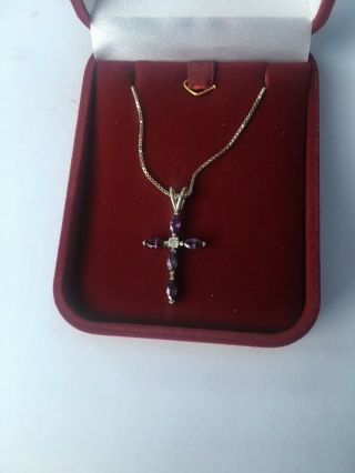 Vintage 925 Sterling Silver & Amethyst Cross Pendant On Silver Chain.