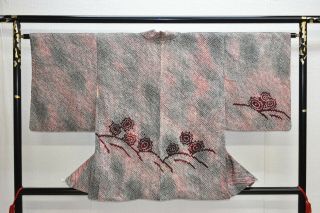Vintage Silk Kimono Jacket:fully Shibori Black/red Chrysanthemum/gradation@yx10
