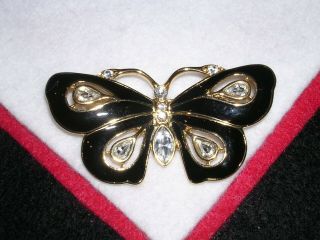 026n Vintage Signed Trifari Black Enamel Crystal Stones Butterfly Pin Brooch
