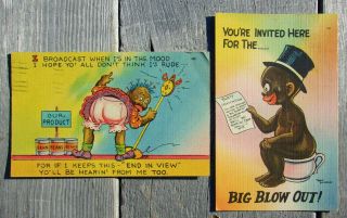 2 Whimsical Vtg Black Americana Postcards W Broadcast End In View & Big Blow Out