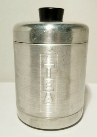 Vintage Mid Century Spun Aluminum Metal Tea 6 " Canister With Black Lid - Vgc