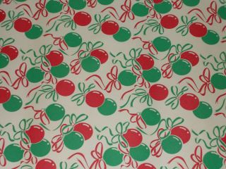 Vtg Christmas Wrapping Paper Gift Wrap Mcm Ornaments Ribbon Red & Green 1960