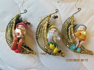 Vintage 3 Chenille Elves Or Pixies On Gold Wire Half Moons