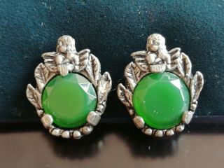 Vintage Jewellery Signed Miracle Dark Green Cherub Clip On Earrings.