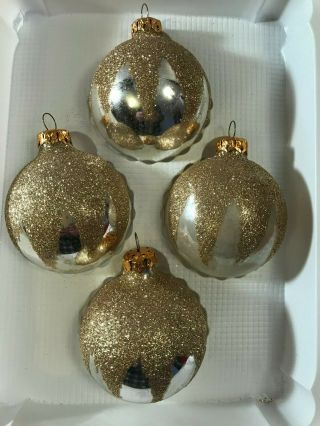 Vintage Christmas Ornaments Set Of 4 Glass Silver With Gold Snowcaps Max1283