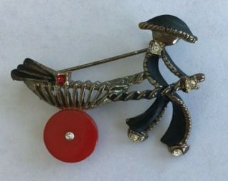Vintage Man Pulling Cart With Red And Clear Rhinestones Black Enamel Brooch