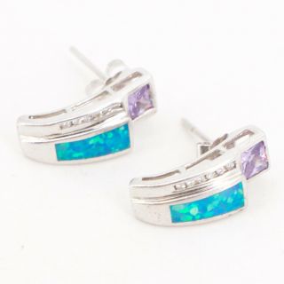 Vtg Sterling Silver - Amethyst,  Cz Cubic Zirconia & Opal Inlay Post Earrings 3g