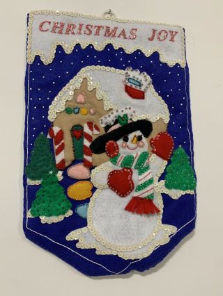 Vintage Handmade Felt Snowman Wall Hanging Christmas Kitsch Beaded Sequin