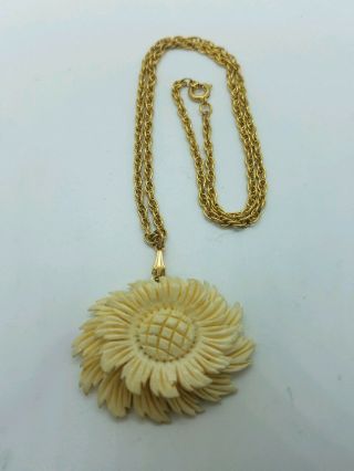 Vintage Carved Flower Bone Pendant & Gold Tone Chain Necklace