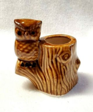 Vintage Owl Toothpick Holder Wood Brown Log Stump Kitsch Ceramic 70s Retro 3 "