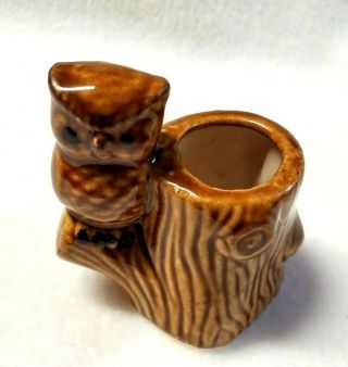 Vintage Owl Toothpick Holder Wood Brown Log Stump Kitsch Ceramic 70s Retro 3 