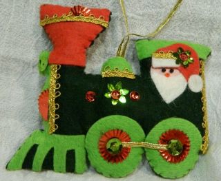 Vintage Handmade Felt Applique Sequin Christmas Ornament Santa In Train Loco