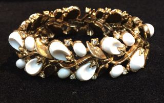 Vintage Crown Trifari White Lucite Rhinestone Bracelet Gold Tone Signed