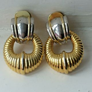 Vintage 80s Statement Large Clip On Earrings Gold Silver Tone Faux Pearl Costume