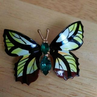 Vtg Czechoslovakia Butterfly With Green Crystal Inlays Stamped Czechoslovakia