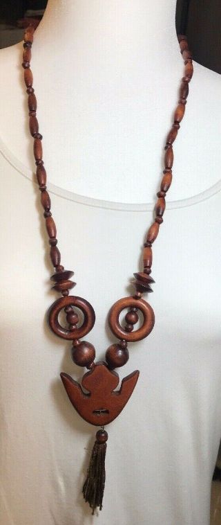 Vintage Carved Wood Ethnic Tribal African Beaded Pendant Necklace