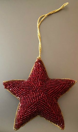 Vintage Christmas Ornament - Beaded Padded Red Star W/ Gold Cord Trim