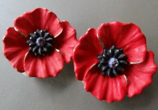 Vintage Red Black Enamel Rhinestone Poppy Flower Clip On Earrings - 101