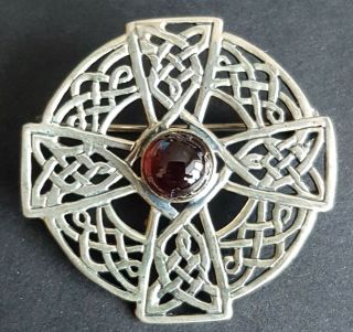 Vintage Sterling Silver Celtic Cross Knot Garnet Brooch