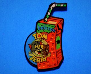 Tom And Jerry - Juice Box & Straw - Cat & Mouse Cartoon - Vintage Lapel Pin