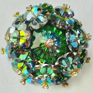 Vintage Emerald Green Margarita Rivoli Glass Crystal Flower Brooch Pin 756