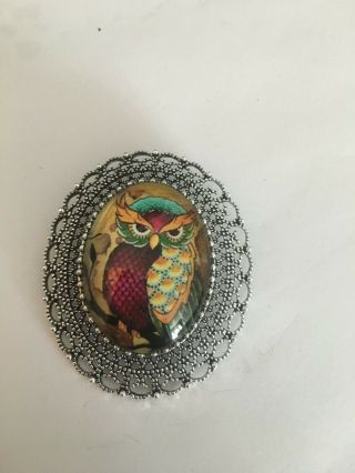 Large Antique Silver Vintage Style Owl Cabochon Oval Brooch Art Deco