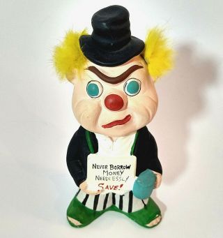 Vintage Chalkware Coin Bank Clown Hobo Lego Japan Has Stopper 50s 60s 7 " Tall