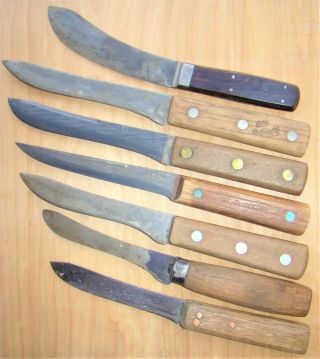 Vintage Set Of 7 Kitchen Carving Slicing Knives Old Cutlery