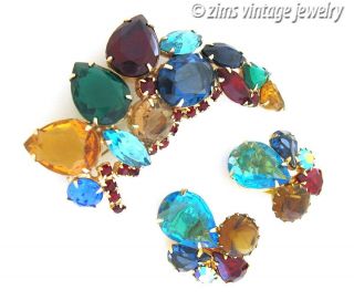 Vintage D&e Juliana Multi Color Colorful Rhinestone Leaf Pin Brooch Earrings Set